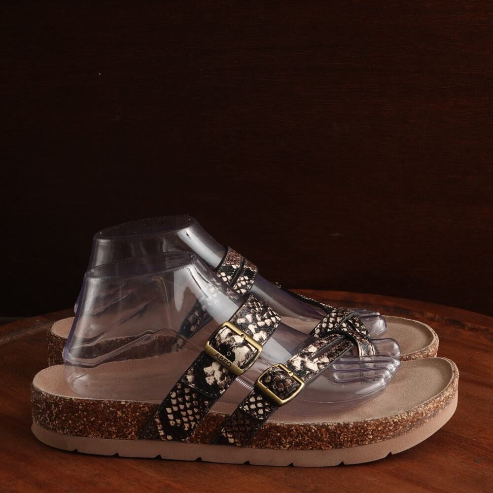 Abeo Sandals WMS SZ 10 Brown Lily Snake Print Leather Comfort Coastal Flat Shoes